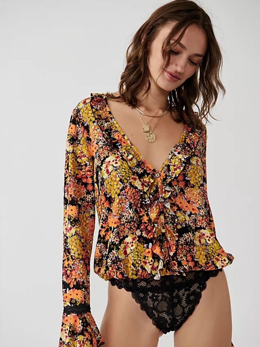 Free People Heat Wave Bodysuit in Midnight Combo Floral Pattern Sz S